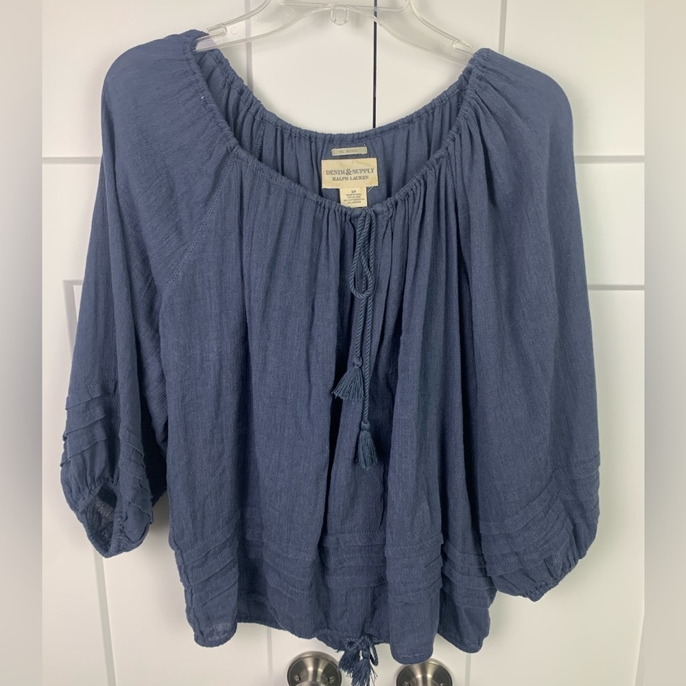 Ralph Lauren Denim Supply Boho Blouse S Blue Tassels Romantic Cottagecore - Picture 2 of 8